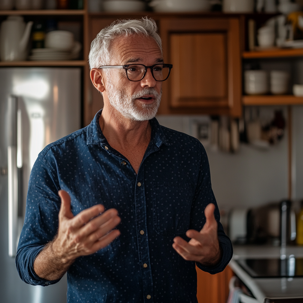 Un hombre discutiendo con su hija en una cocina | Fuente: Midjourney