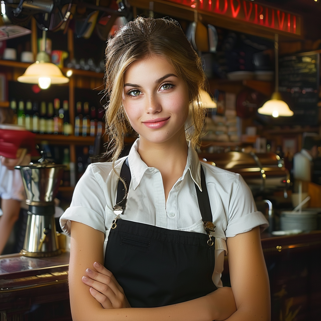 Una camarera haciendo su trabajo habitual con una cálida sonrisa en un restaurante de élite | Fuente: Midjourney