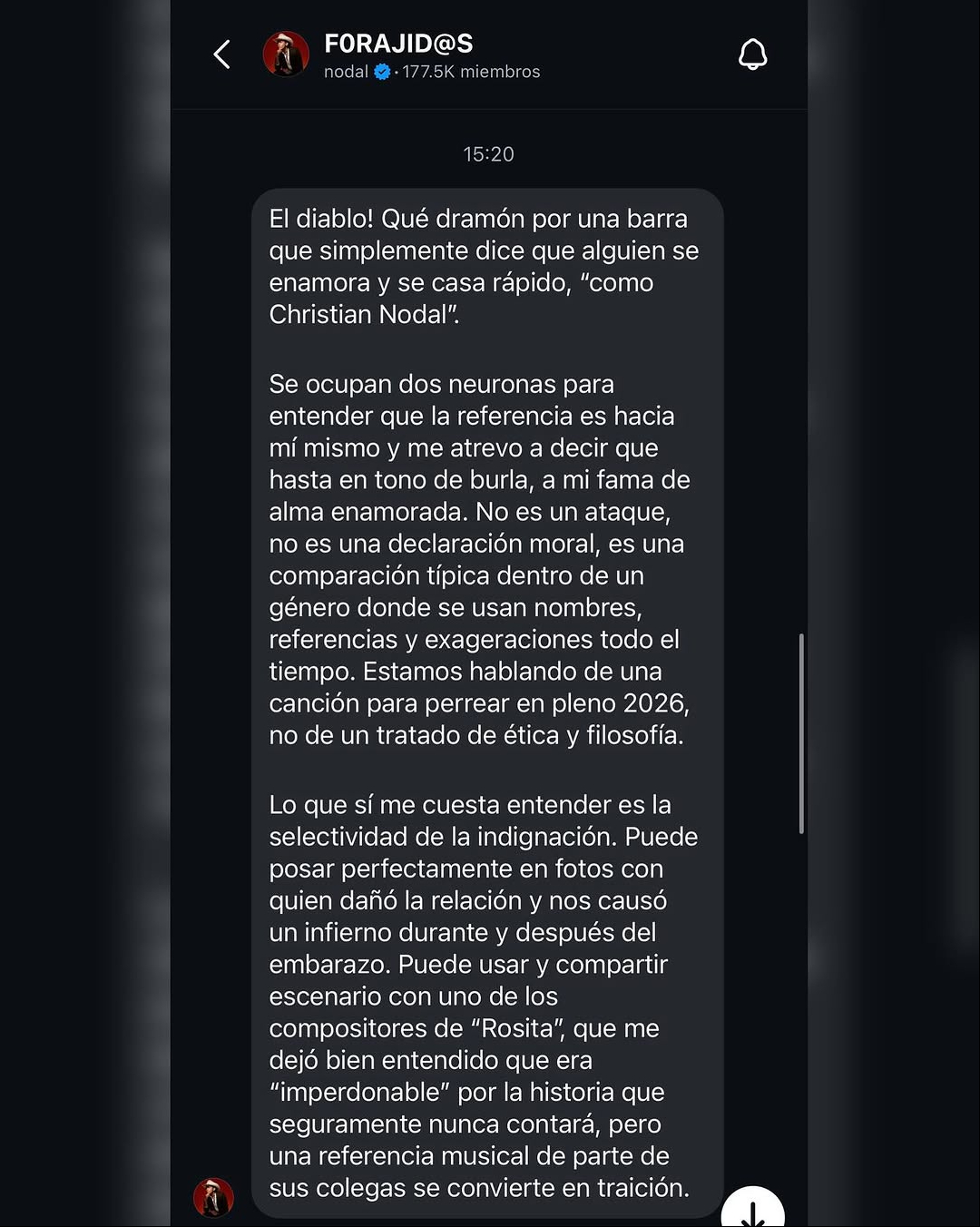 El texto de Christian Nodal | Fuente: Instagram/programahoy