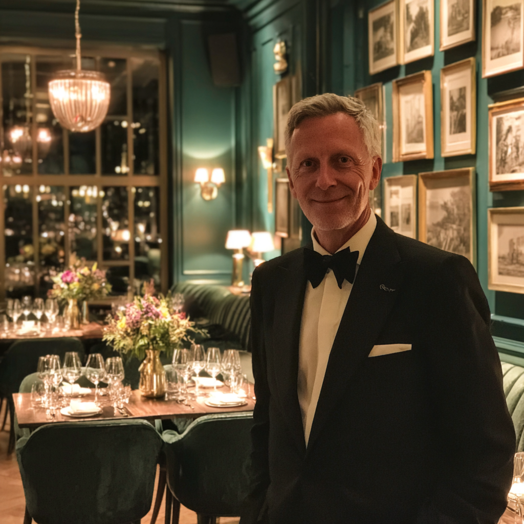 Un sorridente direttore di ristorante in abito nero | Fonte: Midjourney