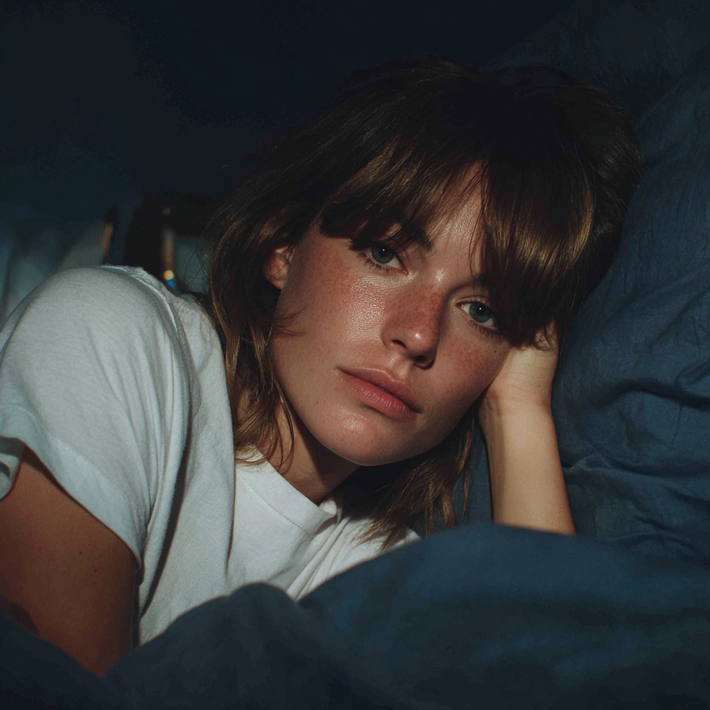 Una donna emotiva che riposa nel suo letto | Fonte: Midjourney