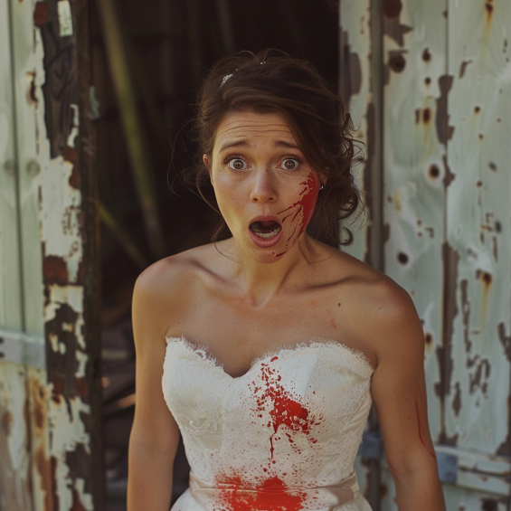 Una novia sorprendida y disgustada con pintura roja en el vestido | Fuente: Midjourney
