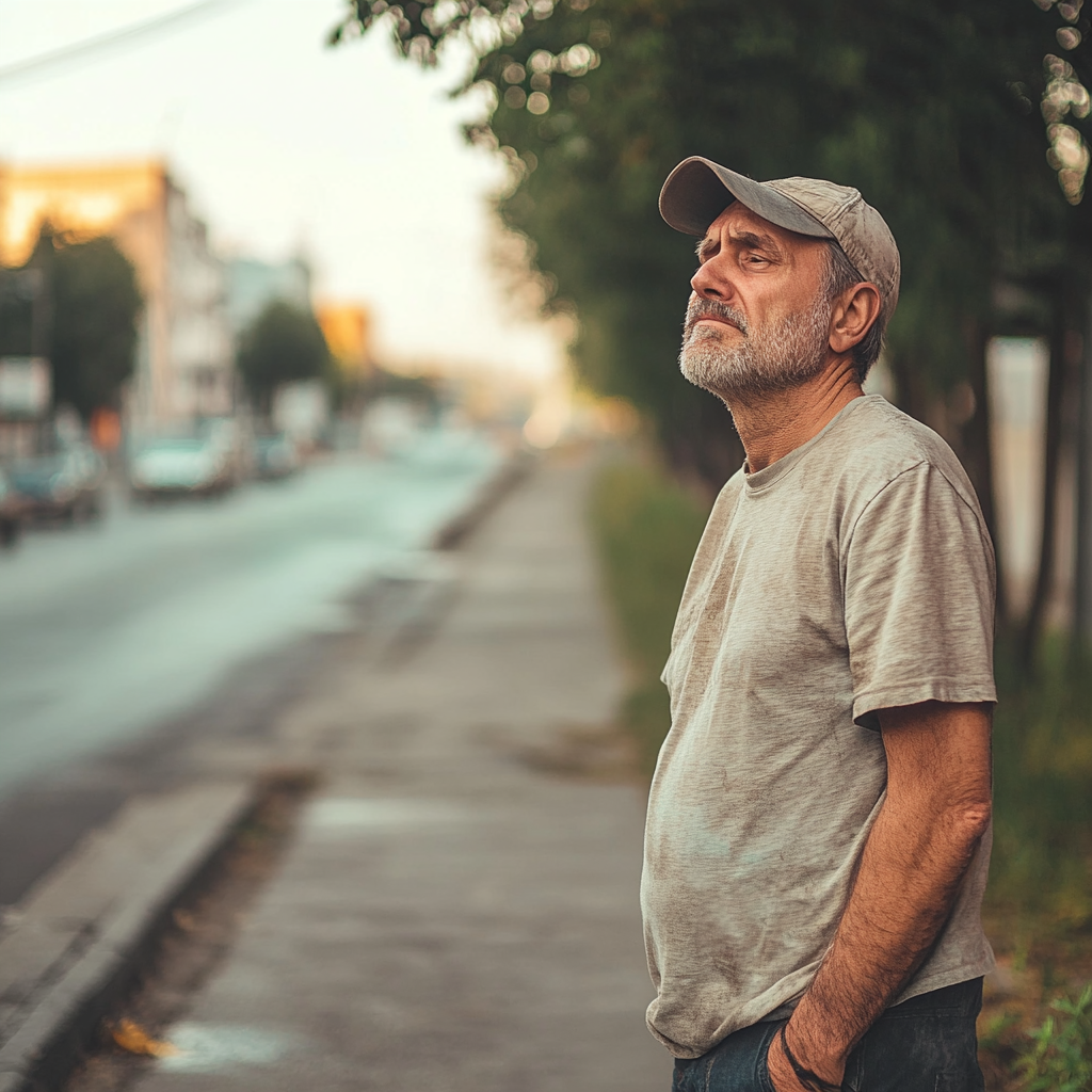 Un uomo sconvolto che guarda un marciapiede vuoto | Fonte: Midjourney