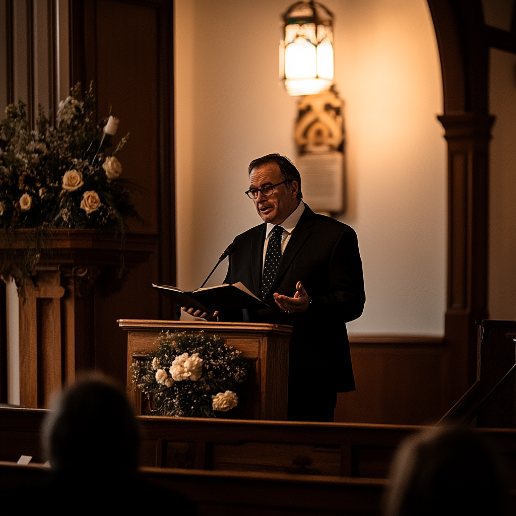 Hombre mayor dando un discurso en un funeral | Fuente: Midjourney