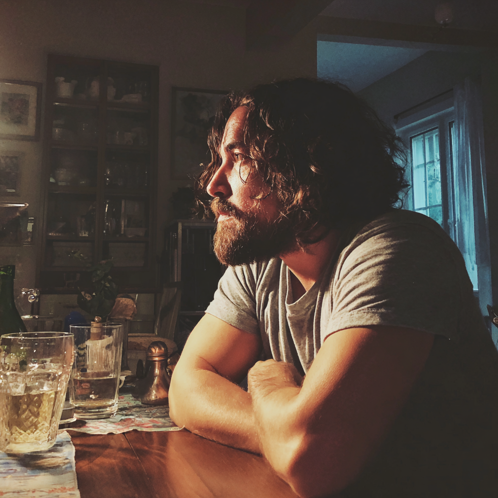 Un uomo scioccato seduto a un tavolo | Fonte: Midjourney