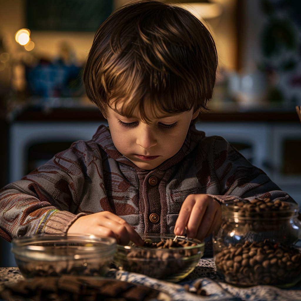 Un niño contando fichas de chocolate | Fuente: Midjourney