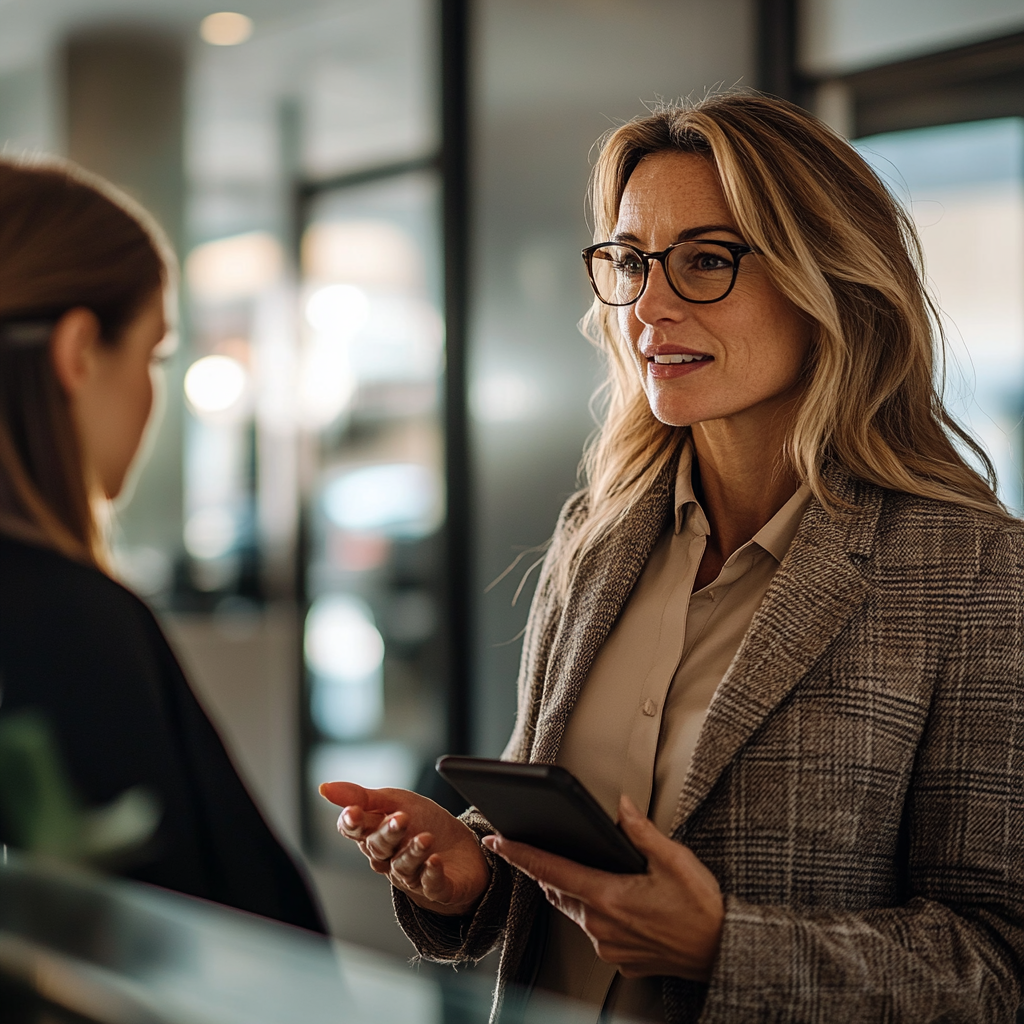 Mujer hablando con una recepcionista | Fuente: Midjourney