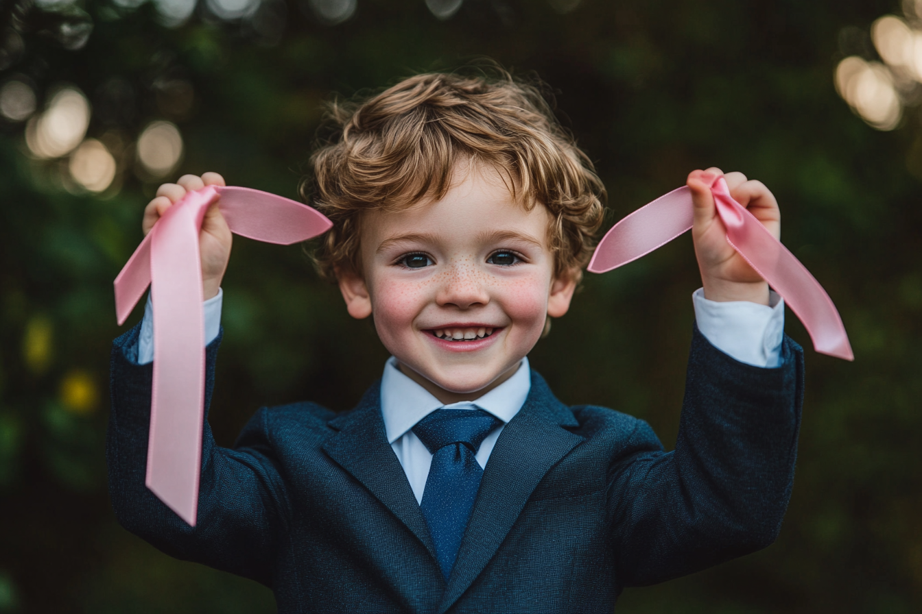 Un niño sujetando dos trozos de cinta rosa | Fuente: Midjourney