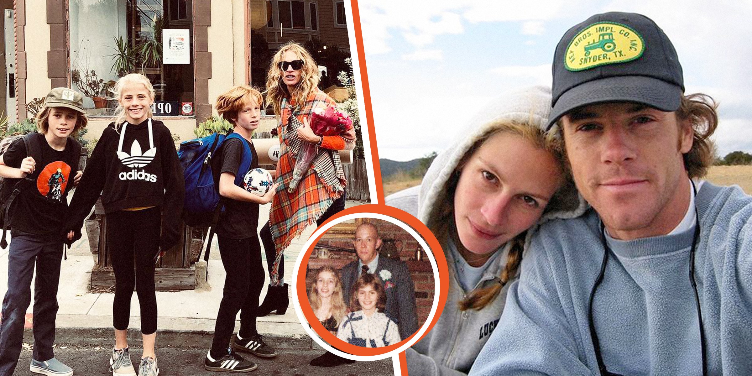 Julia Roberts con sus hijos: Hazel, Phinnaeus y Henry. | Julia Roberts y Danny Moder. | Julia Roberts con Michael Motes y su hermana Lisa Roberts. | Foto: Instagram.com\Moder moder | Facebook.com/ecuavisa