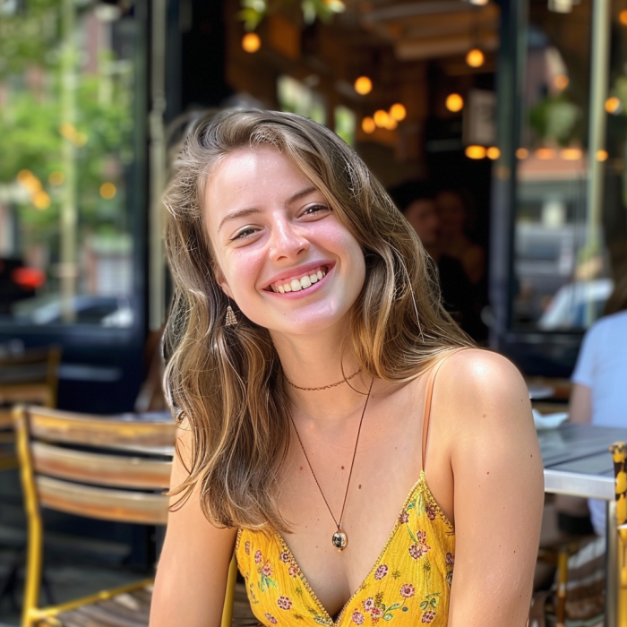 Una joven feliz sentada en la puerta de un restaurante | Fuente: Midjourney