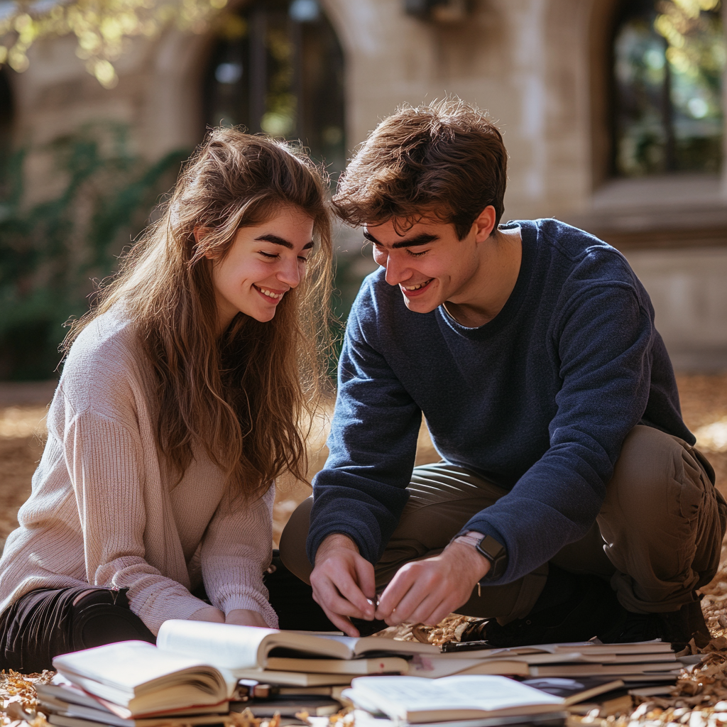 Una joven pareja se arrodilla para recoger libros caídos en un campus universitario | Fuente: Midjourney