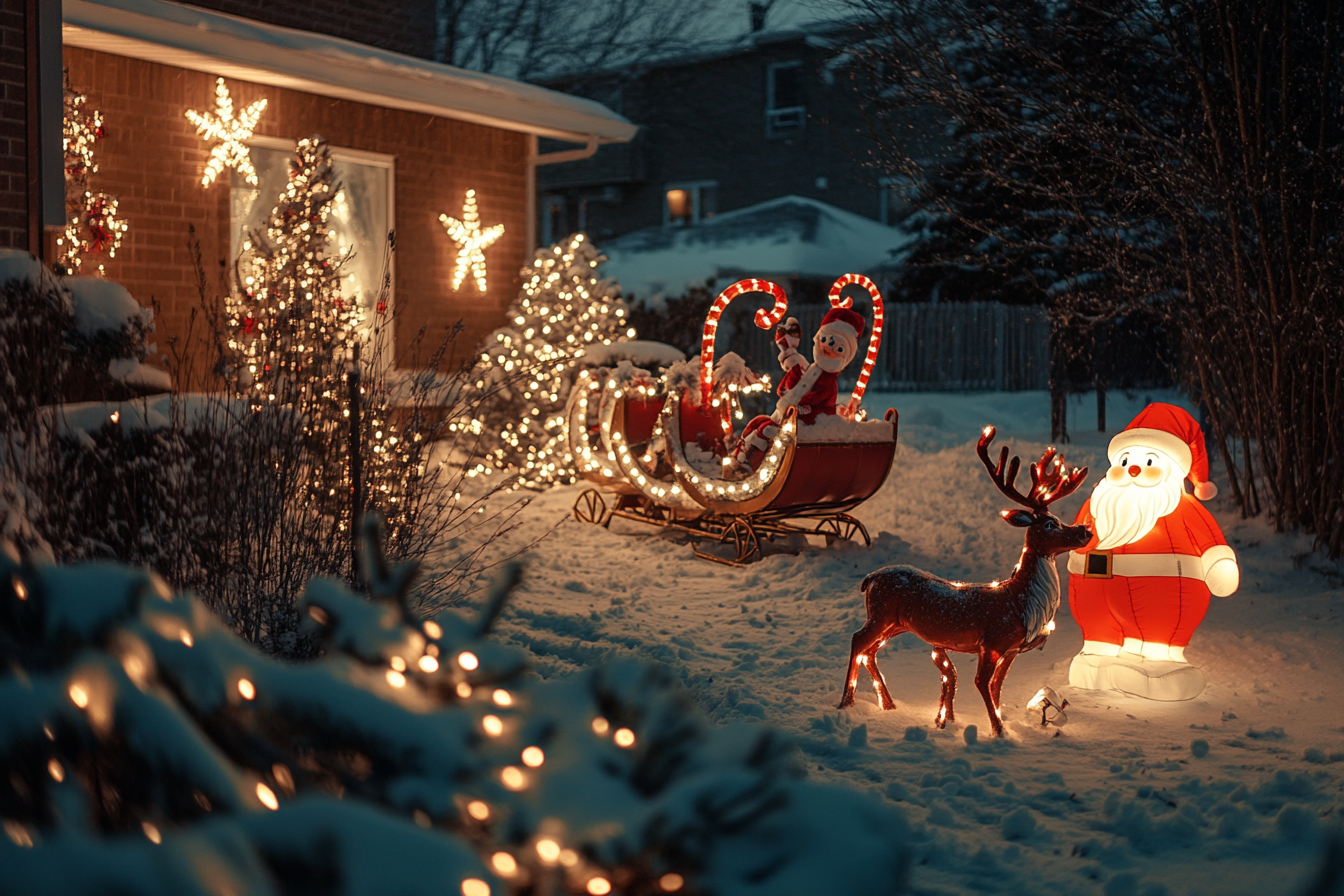 Adornos navideños en un patio nevado | Fuente: Midjourney