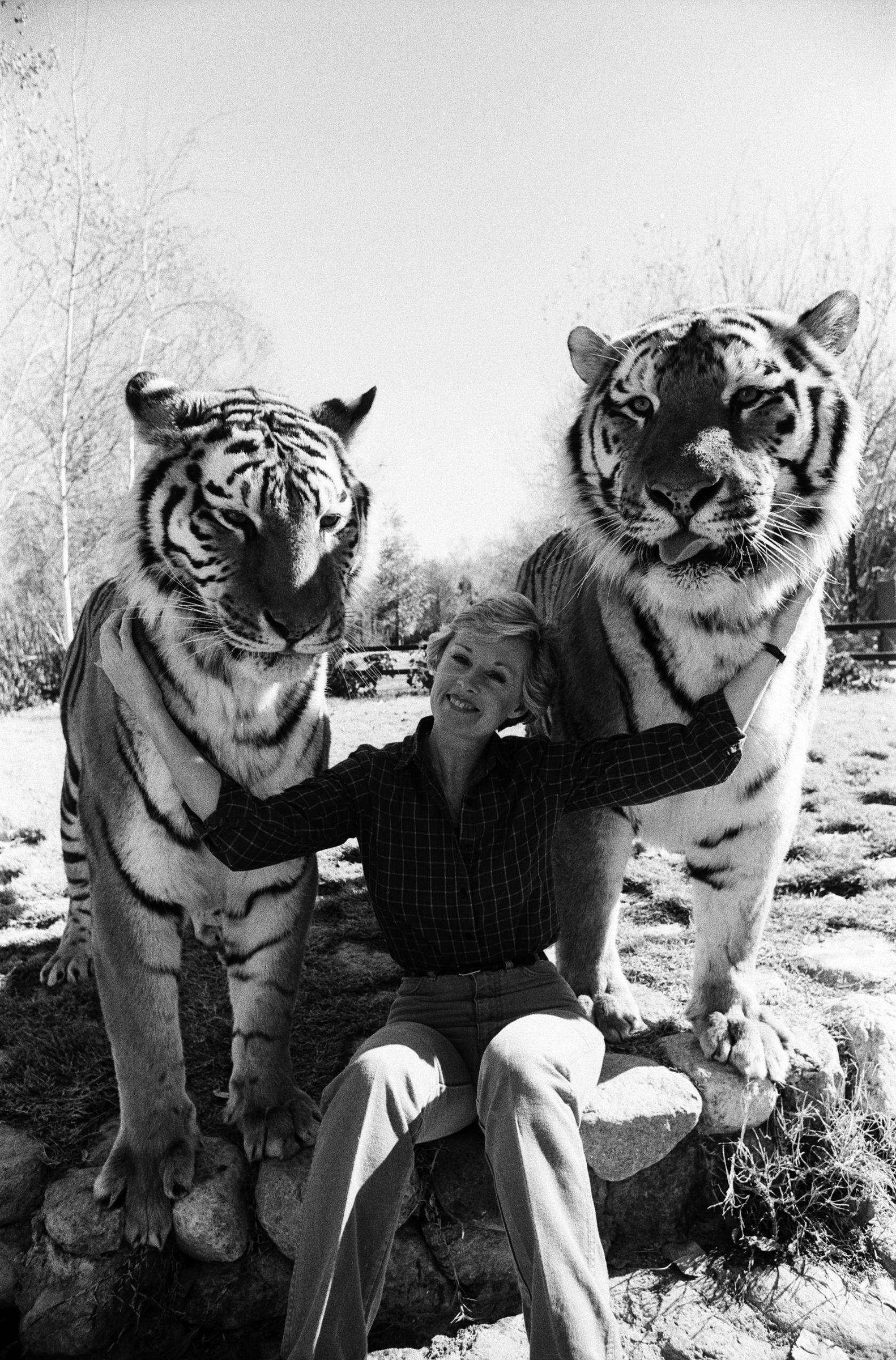 Tippi Hedren con sus animales en su complejo de San Fernando Valley el 25 de enero de 1982. | Fuente: Getty Images