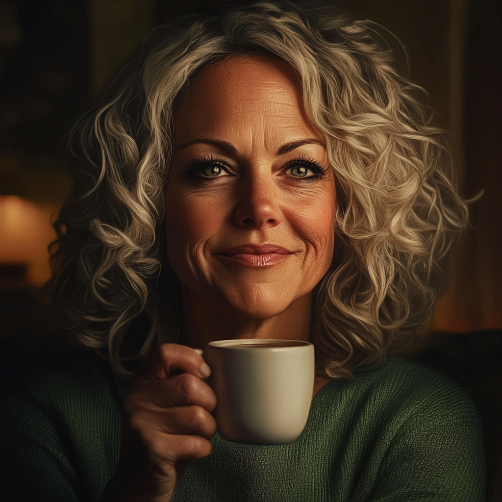 Una mujer mayor sonriente con una taza de café en la mano | Fuente: Midjourney