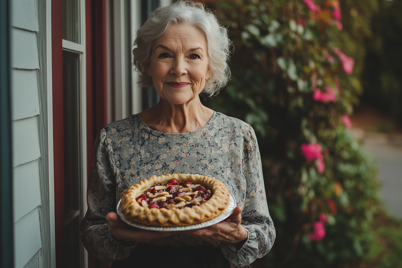 Una mujer con una tarta en la mano | Fuente: Midjourney