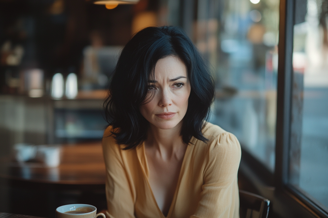 Una mujer con un vestido amarillo, de aspecto triste y sentada a la mesa de una cafetería | Fuente: Midjourney