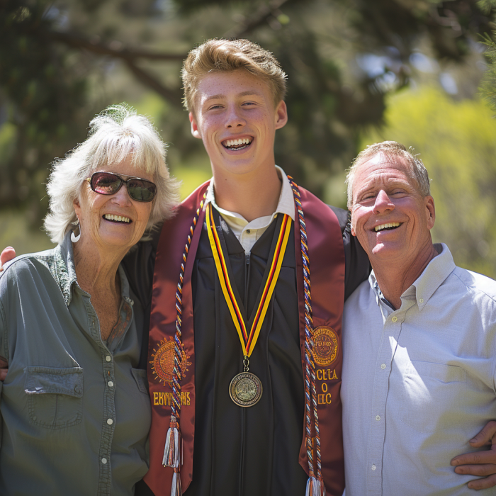 Un joven posando para una foto con sus padres el día de su graduación | Fuente: Midjourney