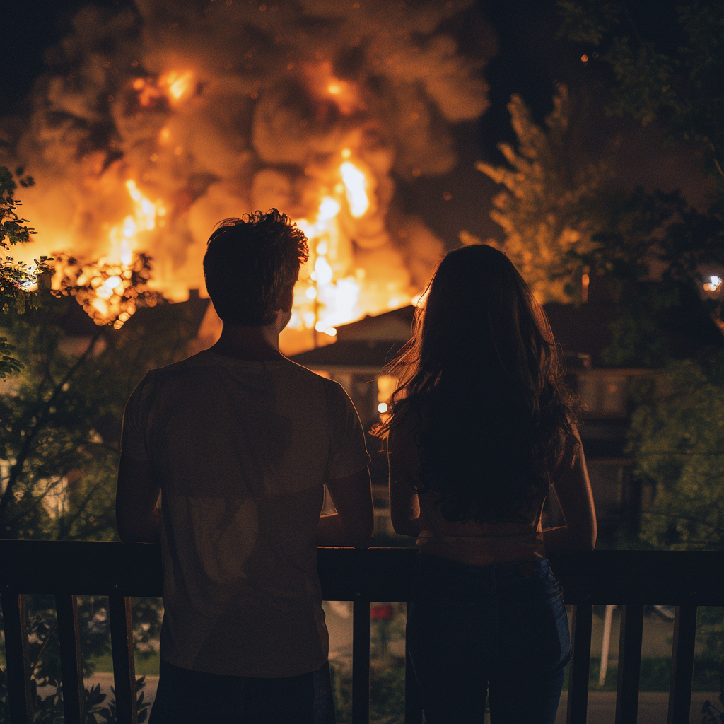 Una pareja en su balcón observando el incendio de una casa en su barrio | Fuente: Midjourney