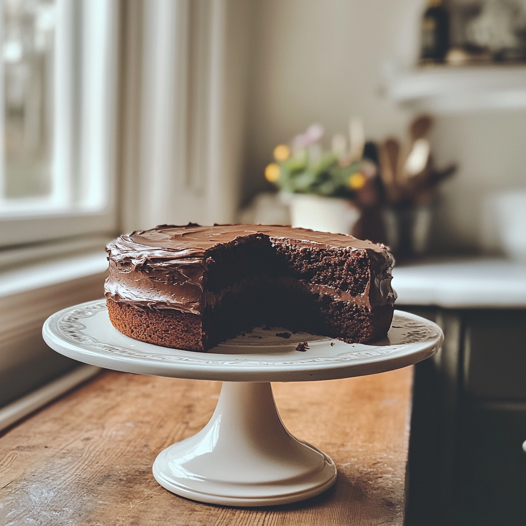 Pastel de chocolate en un soporte para tartas | Fuente: Midjourney