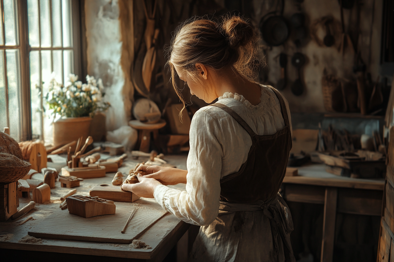 Una mujer fabricando juguetes de madera | Fuente: Midjourney