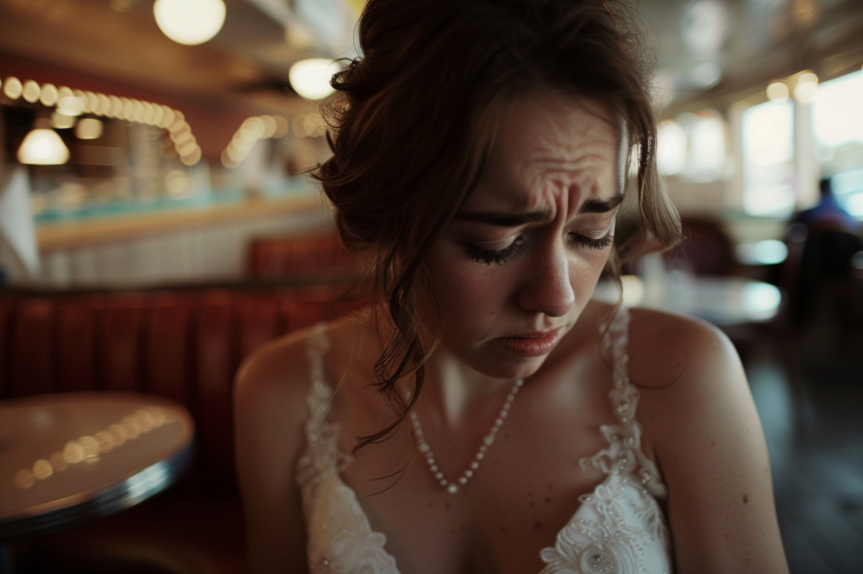 Una novia llorando en una cafetería | Fuente: MidJourney