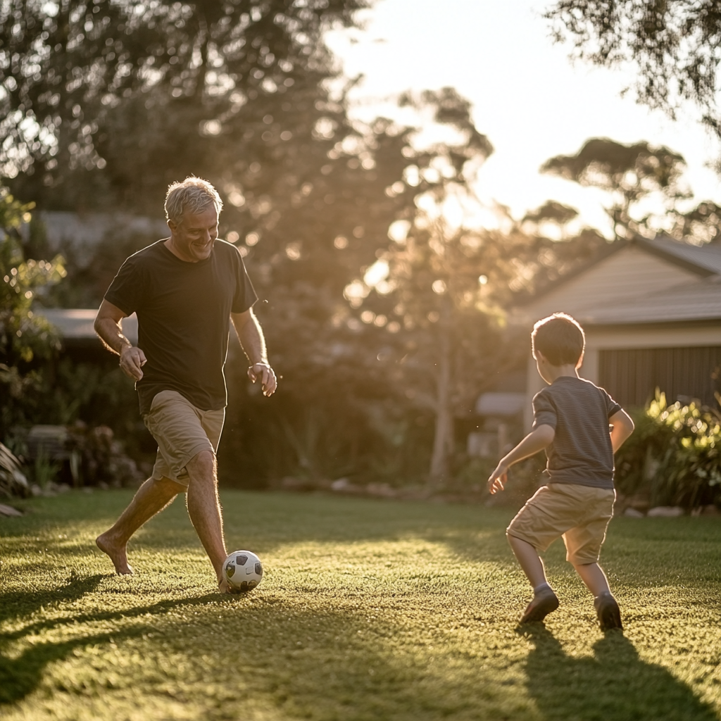 Un padre y su hijo jugando con una pelota | Fuente: Midjourney