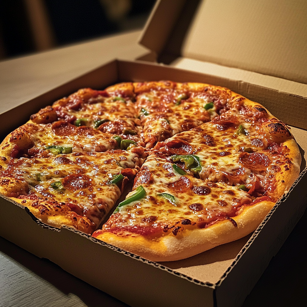 Una caja de pizza sobre una mesa de comedor | Fuente: Midjourney
