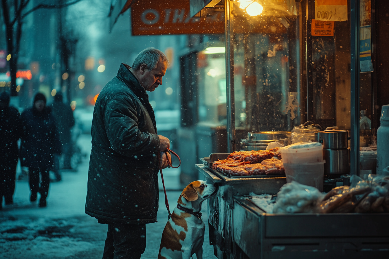 Un vagabundo con un perro delante de un puesto de shawarma en un día de nieve | Fuente: Midjourney