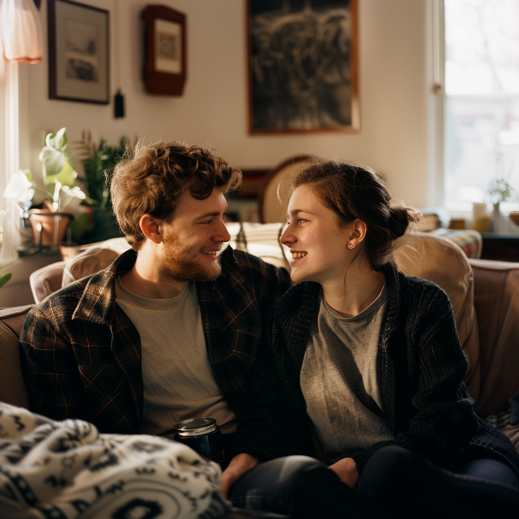 Una pareja hablando sentada en el salón de su casa | Fuente: Midjourney