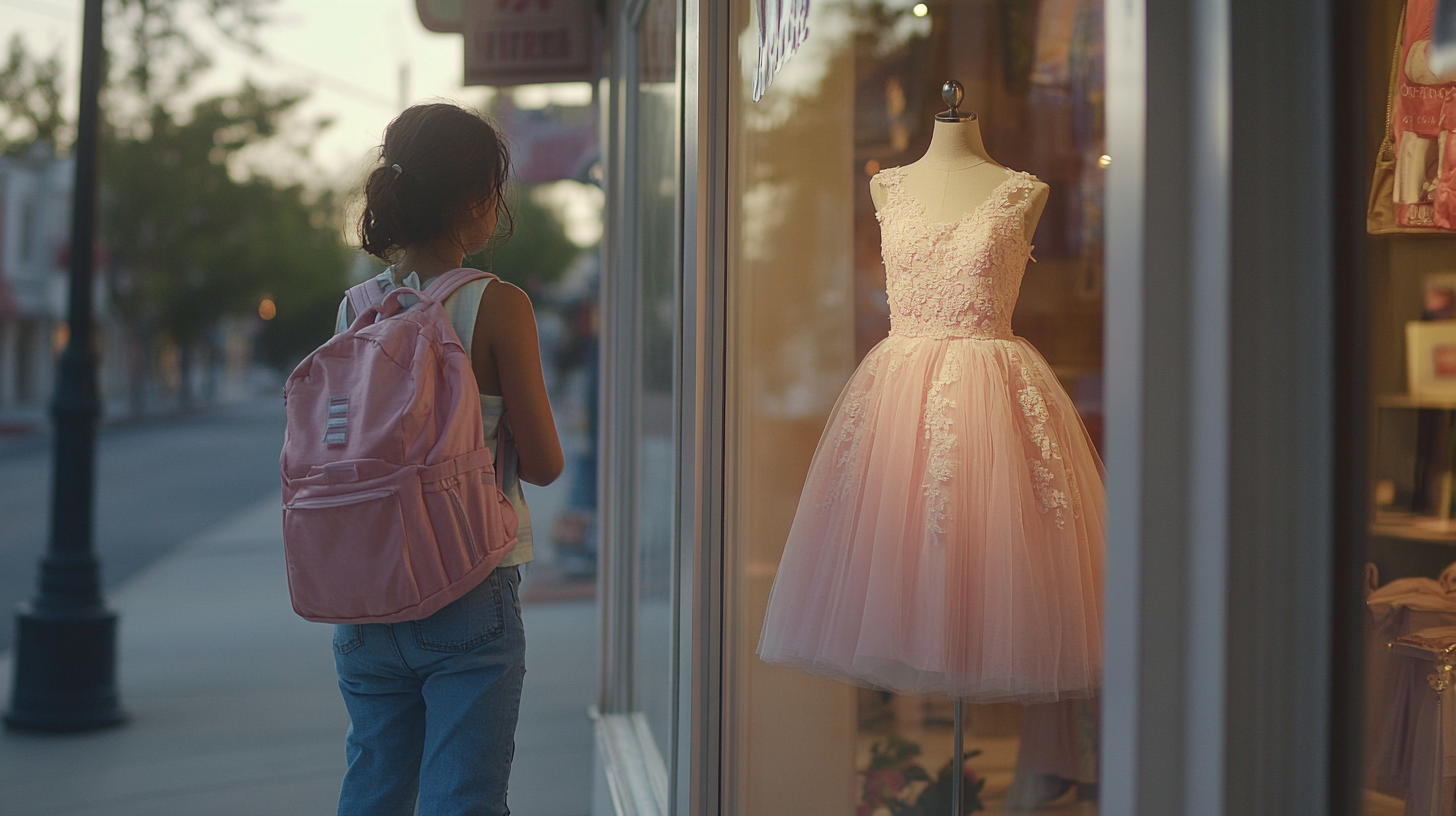 Adolescente mirando un vestido rosa en el escaparate de una tienda | Fuente: Midjourney