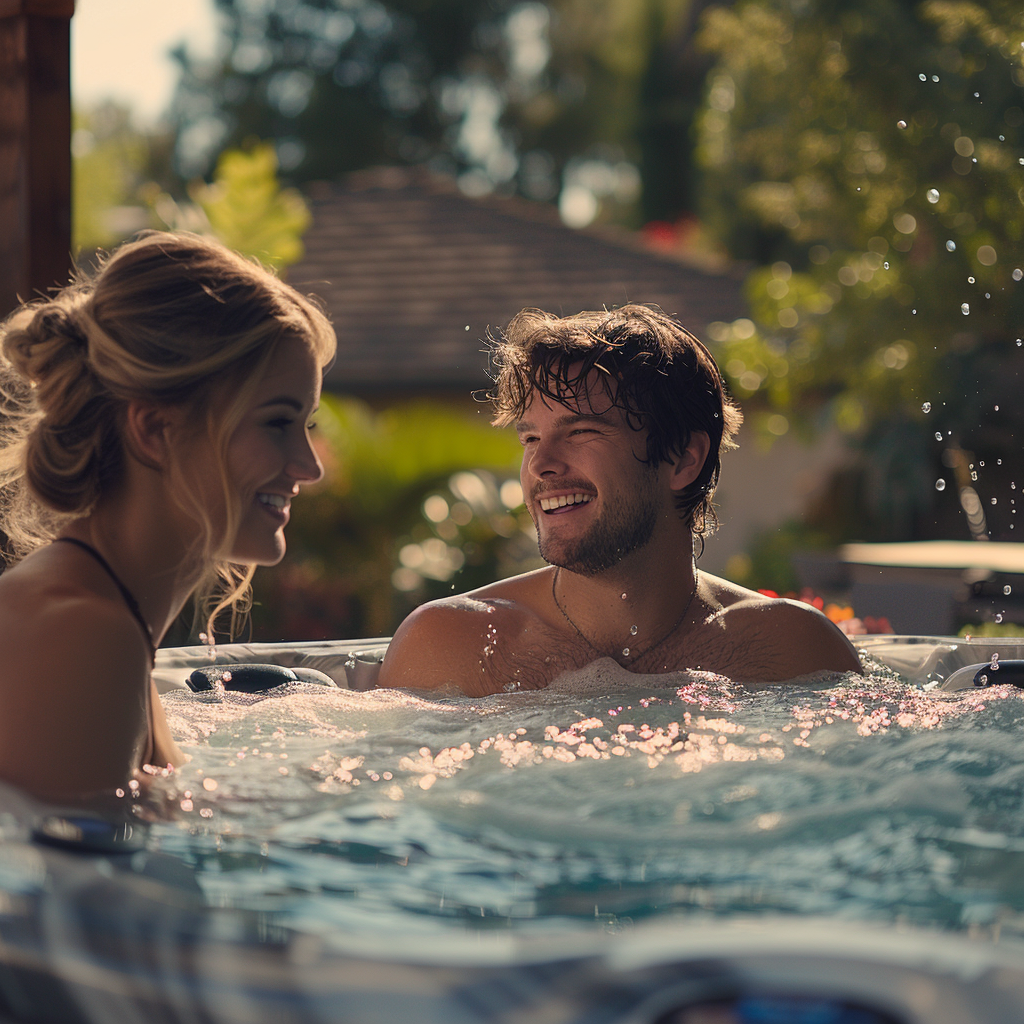 Una pareja feliz relajándose en su jacuzzi | Fuente: Midjourney