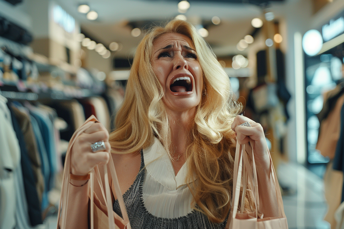 Mujer gritando en una tienda de ropa | Foto: Midjourney