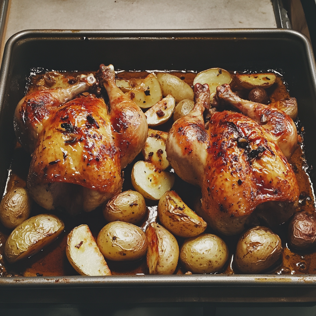 Un vassoio con pollo arrosto e patate | Fonte: Midjourney