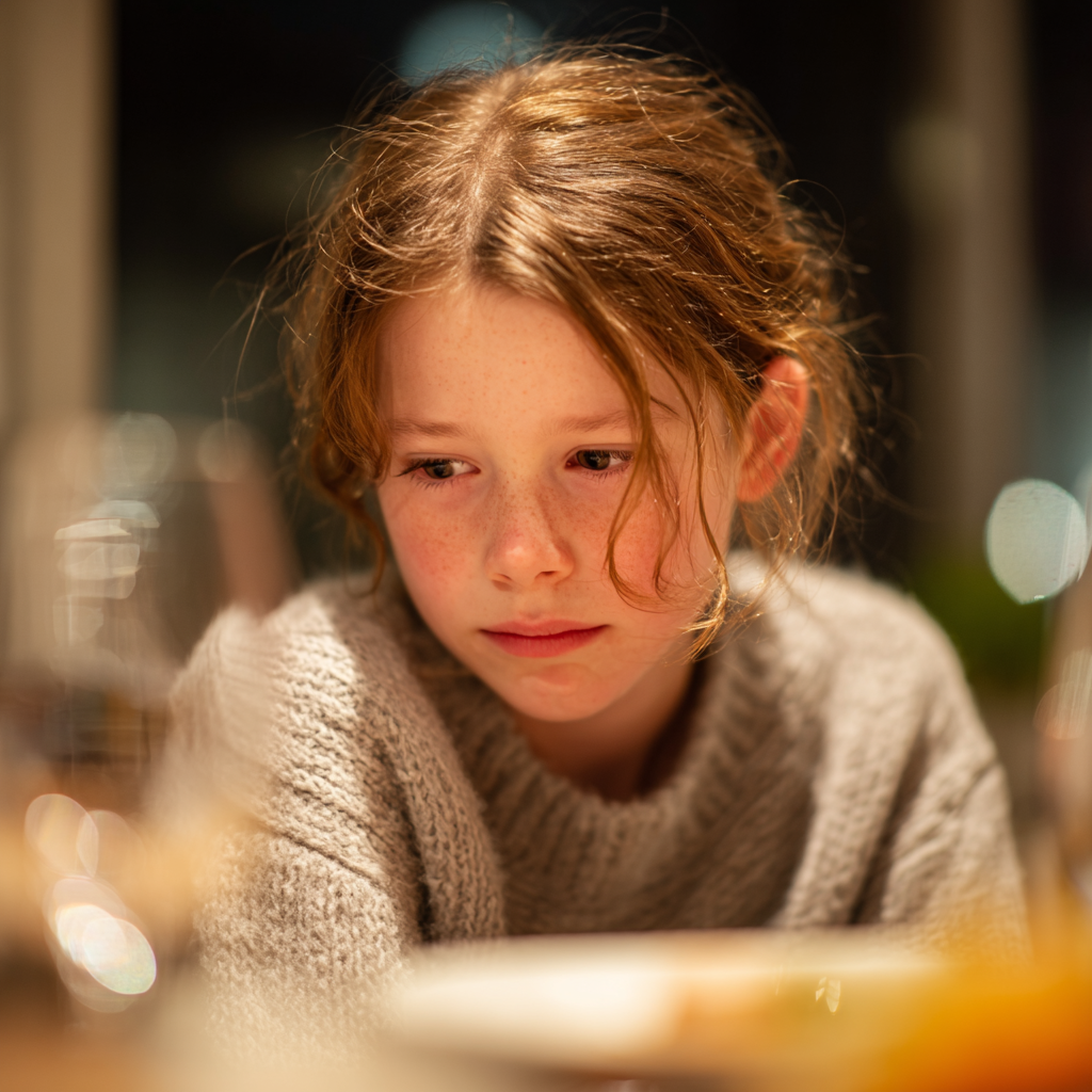 Una ragazza triste durante una cena di famiglia | Fonte: Midjourney