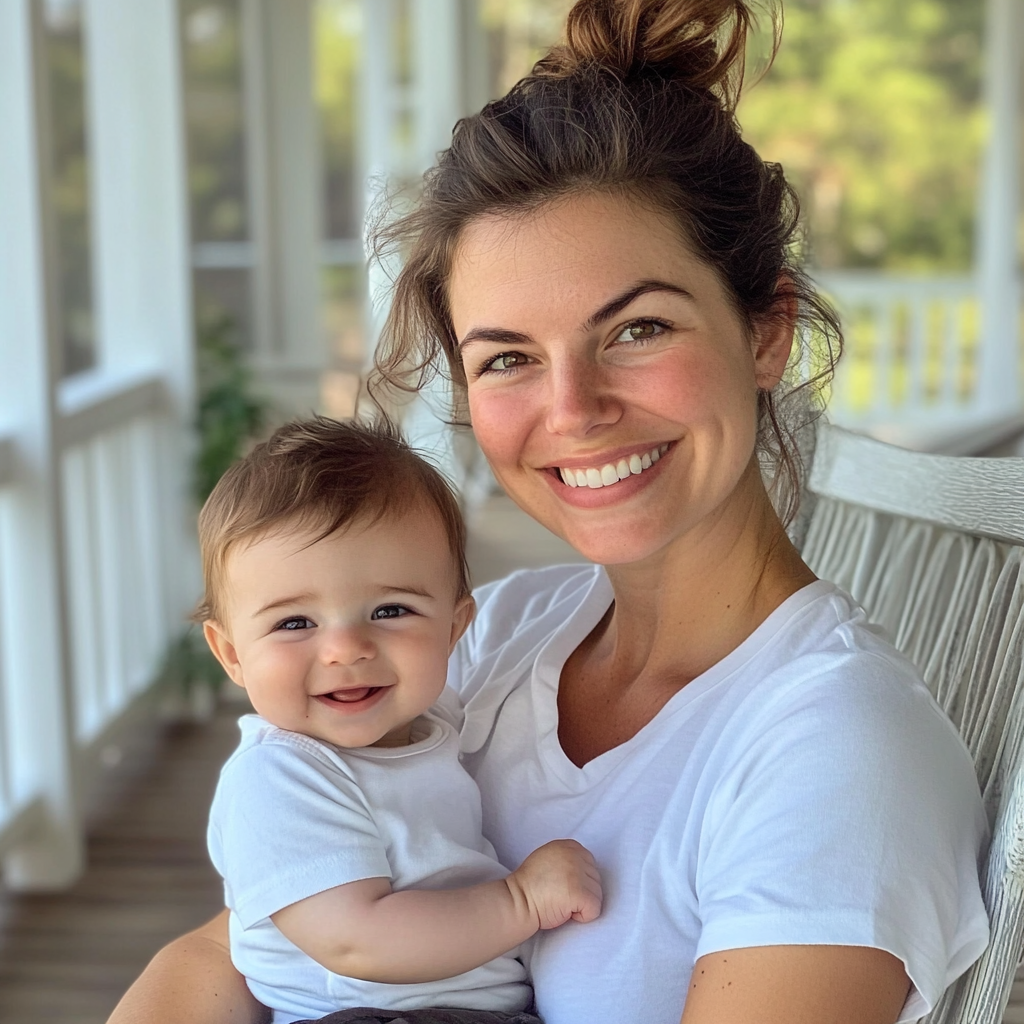 Una mujer sonriente con un bebé feliz en brazos | Fuente: Midjourney