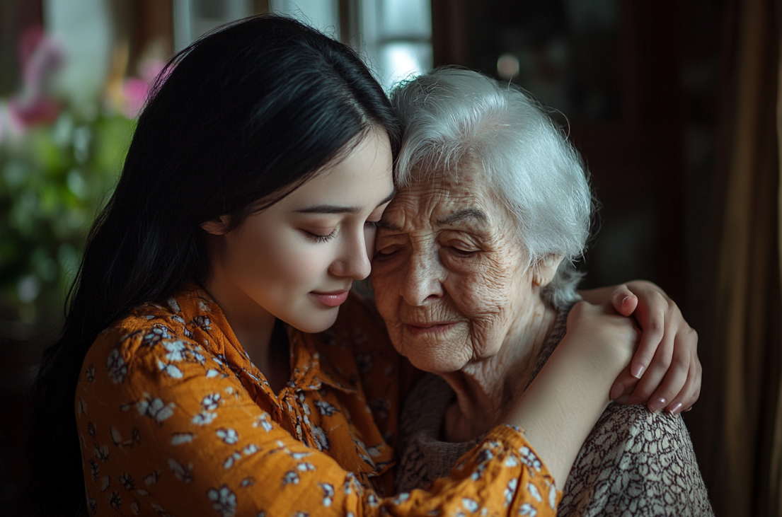 Una mujer abraza a su abuela | Fuente: Midjourney