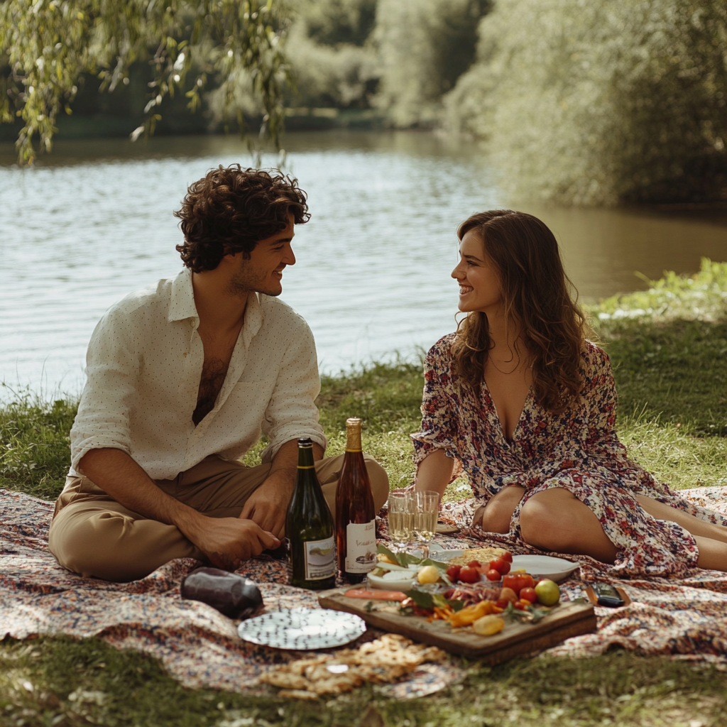 Una pareja feliz disfrutando de un picnic | Fuente: Midjournney