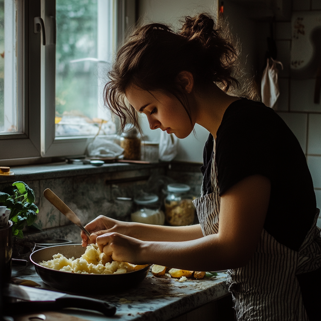 Una mujer haciendo puré de patatas | Fuente: Midjourney