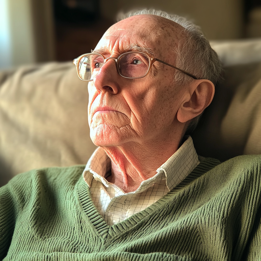 Un anciano sentado en un sofá | Fuente: Midjourney