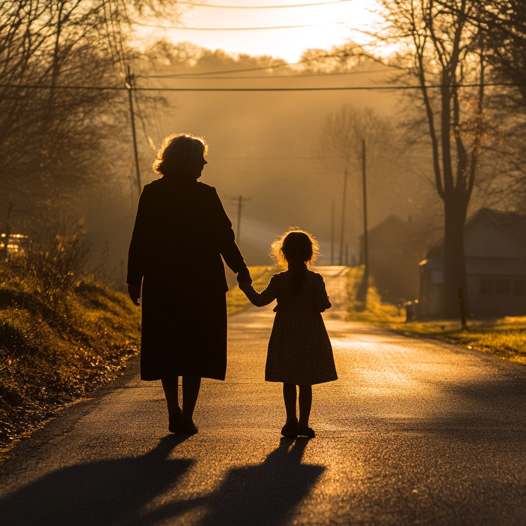 Silueta de una niña caminando por la carretera con su abuela | Fuente: Midjourney