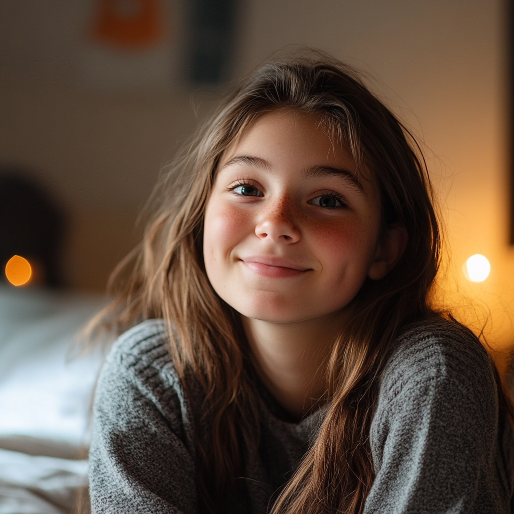 Uma jovem sorridente sentada em seu quarto | Fonte: Meio da Jornada