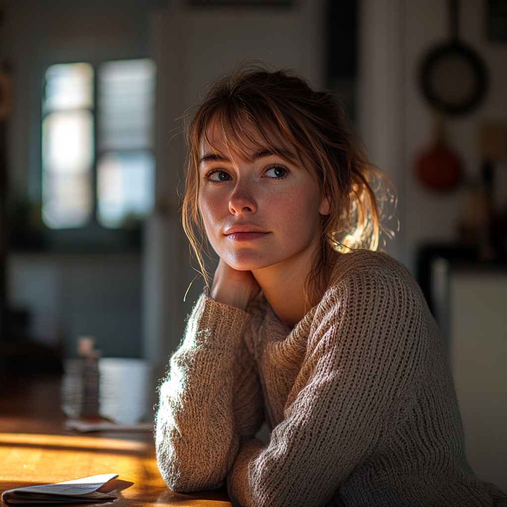 Una mujer reflexiva sentada a la mesa de la cocina | Fuente: Midjourney