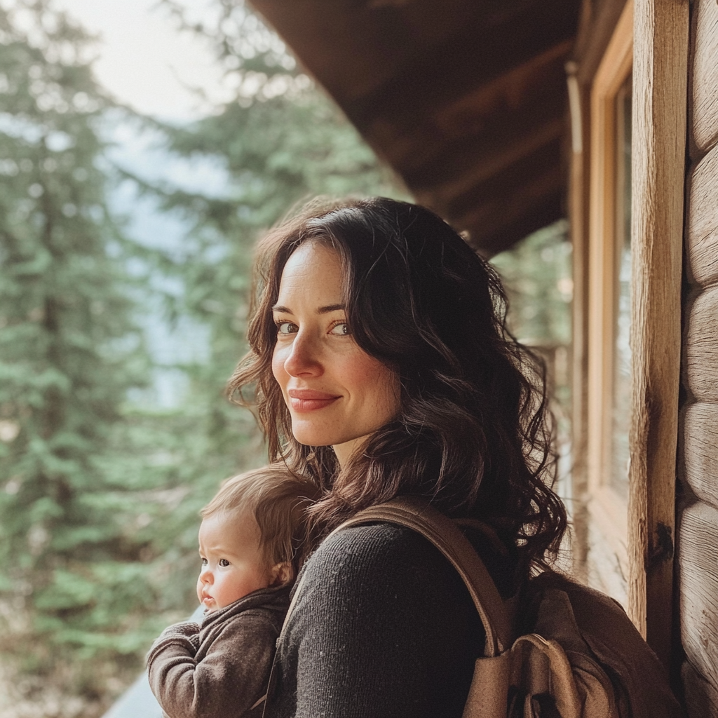 Una mujer frente a una cabaña con su bebé | Fuente: Midjourney