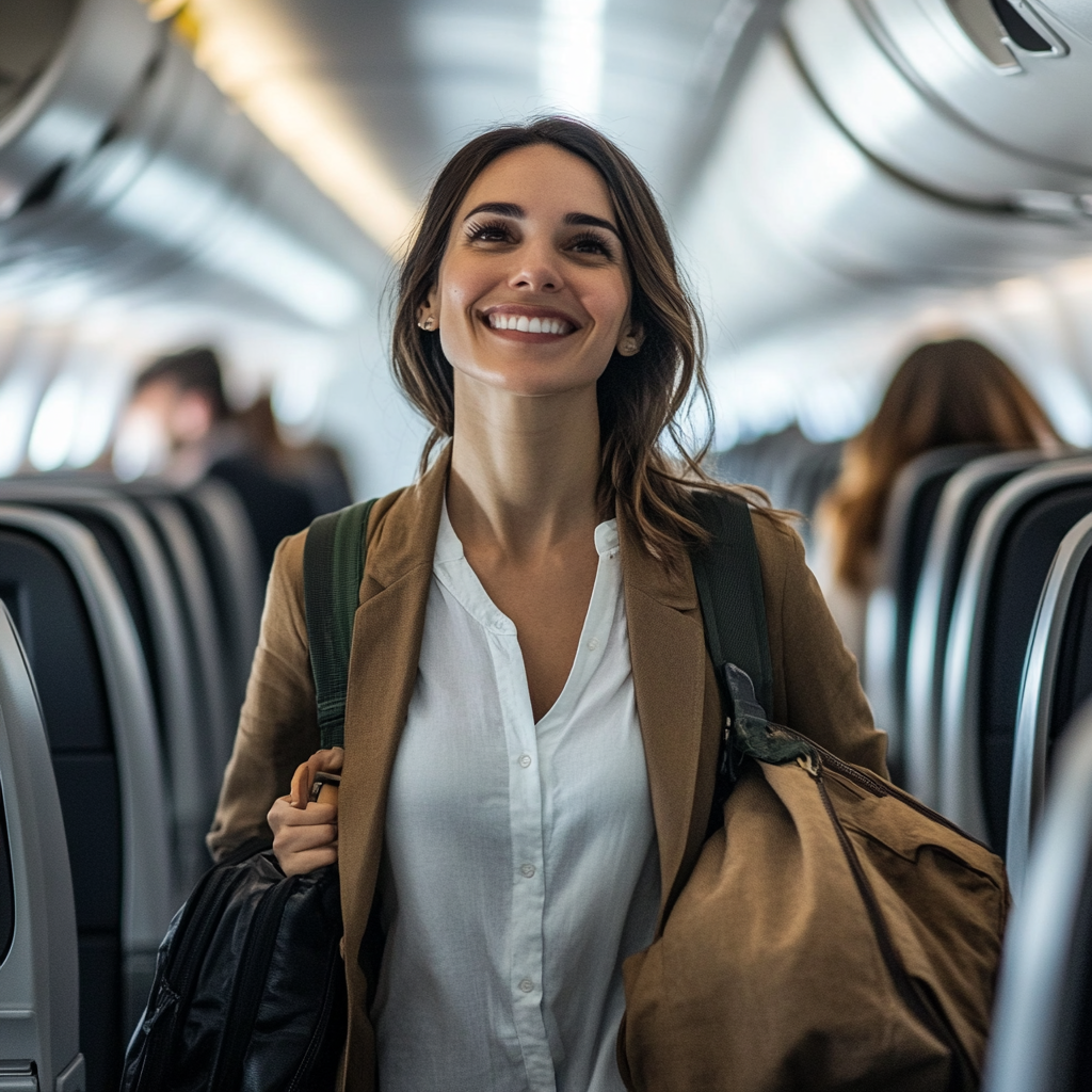 La mujer camina por el pasillo del avión con una sonrisa de satisfacción. | Fuente: Midjourney