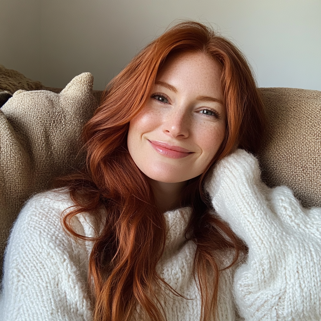 Una mujer sonriente sentada en un sofá | Fuente: Midjourney