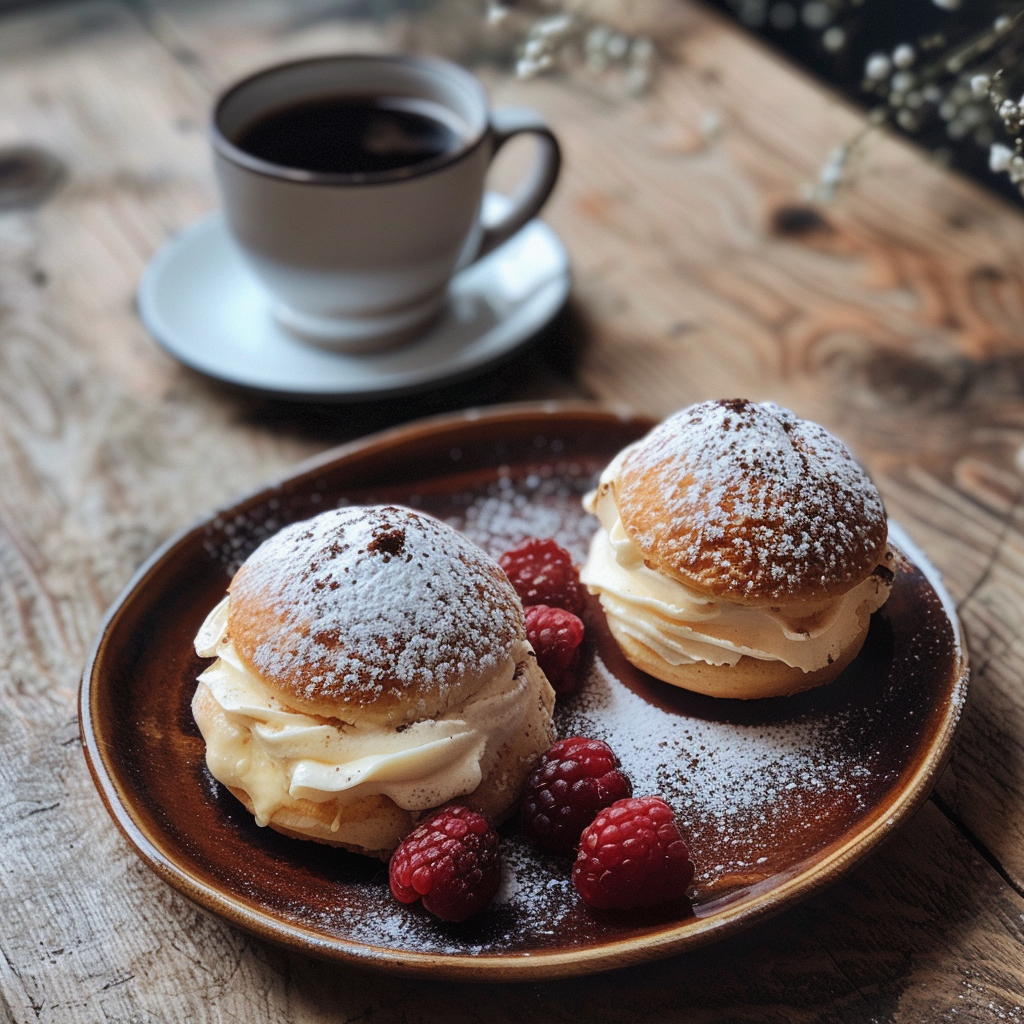 Un plato de bollos y una taza de café | Fuente: Midjourney