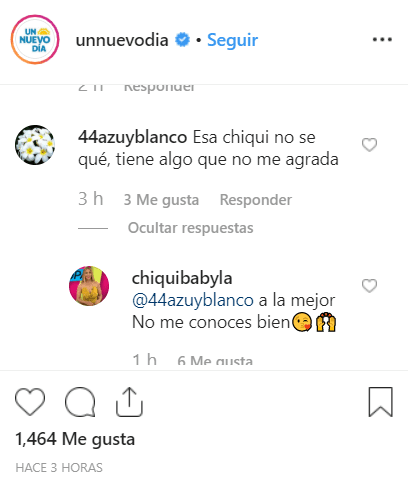 Comentario de un usuario y la respuesta de La Chiquibaby. | Imagen: Instagram/unnuevodia