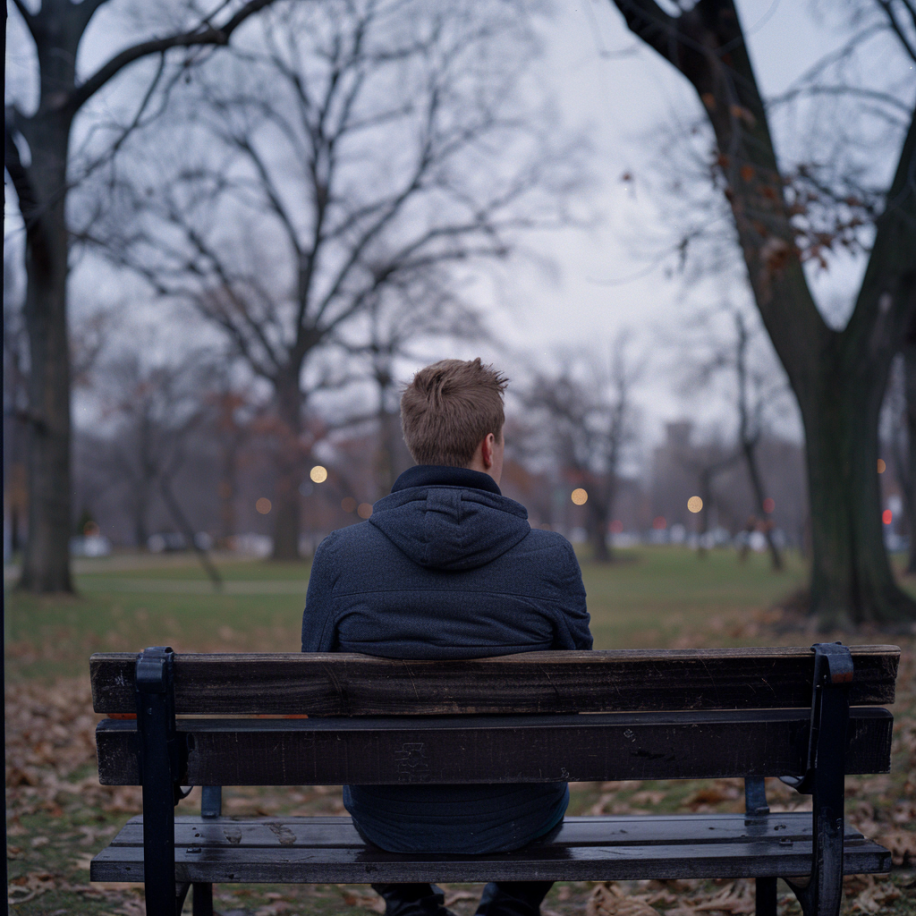 Vista trasera de un hombre sentado solo en un banco | Fuente: Midjourney