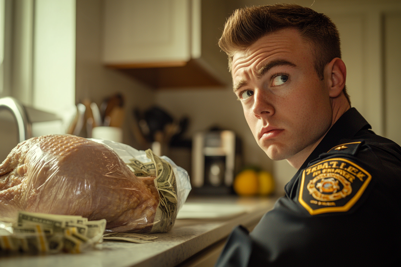 Un joven policía mirando un pavo crudo y dinero en la encimera de una cocina | Fuente: Midjourney