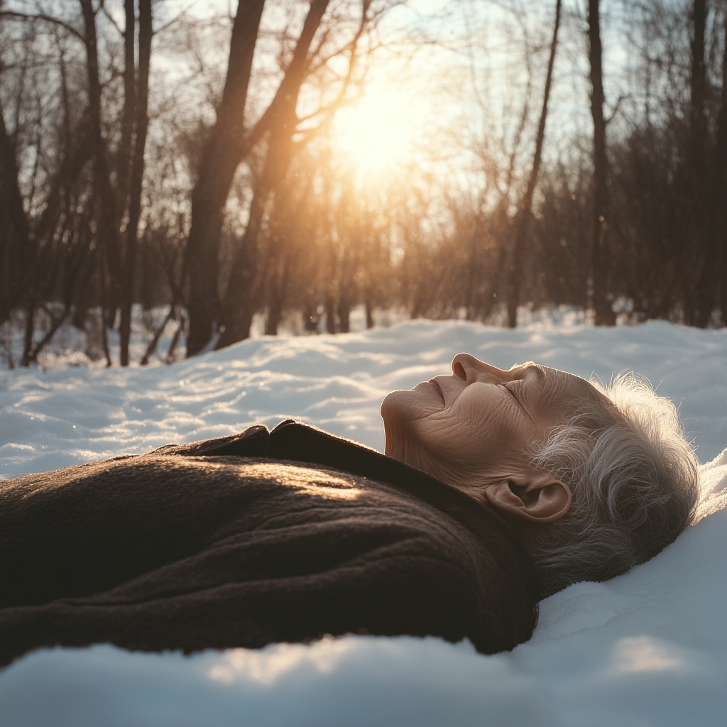 Una persona mayor tumbada sobre la nieve en una mañana fría | Fuente: Midjourney